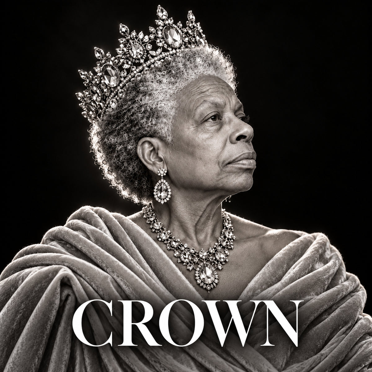 CROWN album cover with a crowned woman in a velvet gown, in black and white
