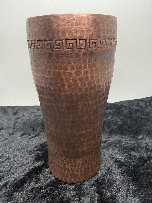 Antique finish hammered copper cup with geometric rim border