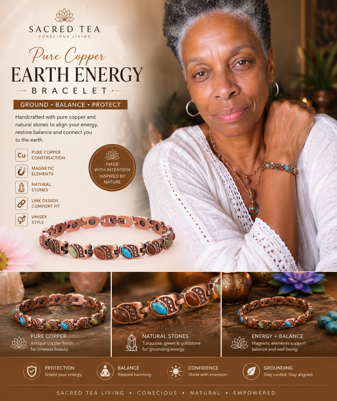 Curved multi-stone copper energy bracelet