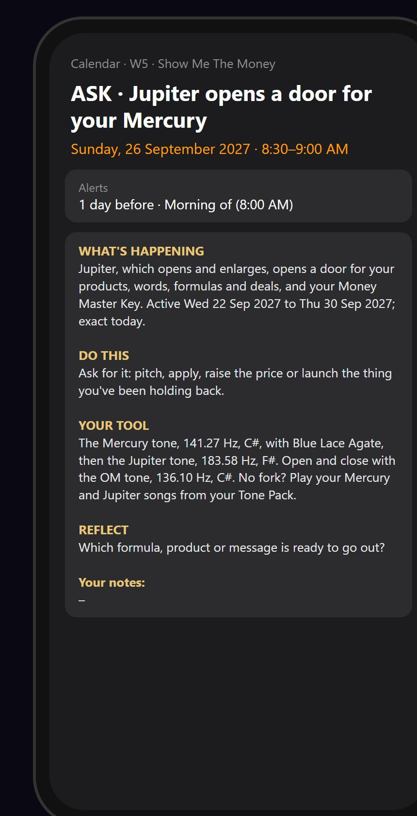 A Show Me The Money calendar event on a phone, with two alerts and a notes space