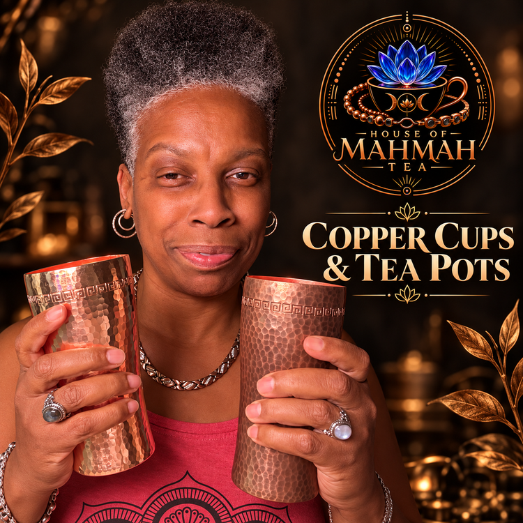 Sha holding two hammered copper cups on a House of MahMah Tea collection card