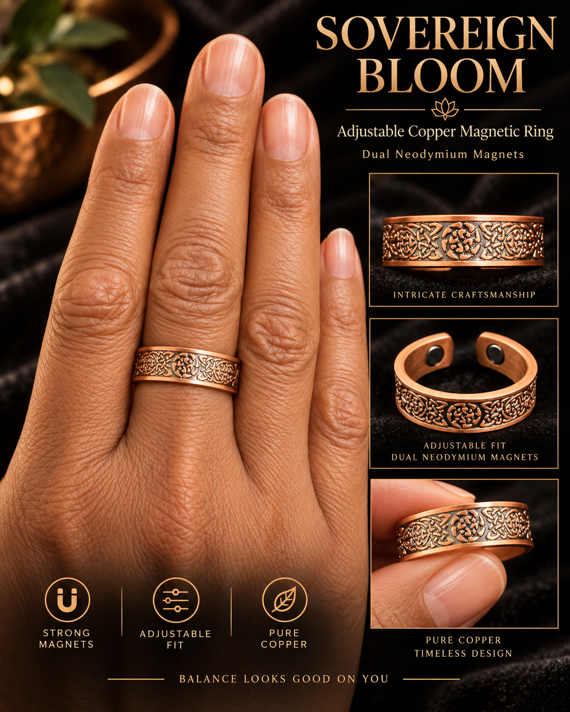 Sacred Bloom Pure Copper Adjustable Magnetic Ring