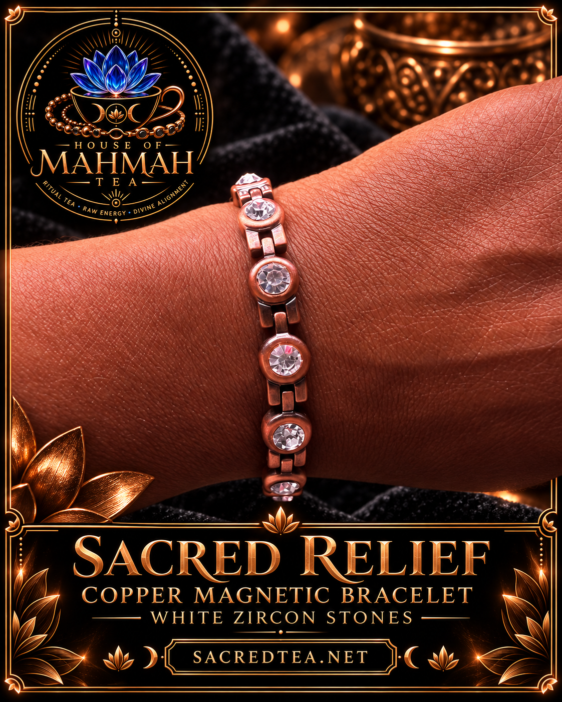 Sacred Relief Copper Magnetic Bracelet — White Zircon Stones — House of MahMah Tea signature product card