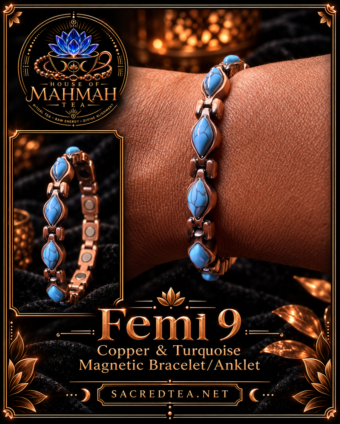 Femi 9 Copper & Turquoise Magnetic Bracelet/Anklet — House of MahMah Tea signature product card