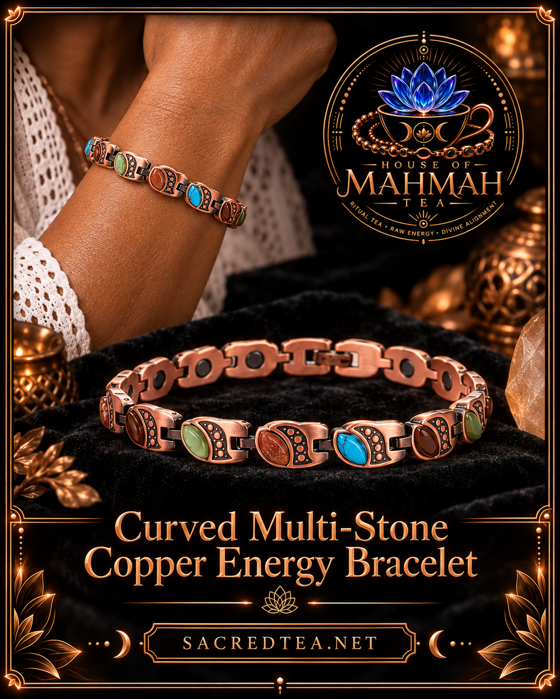 Curved Multi-Stone Copper Energy Bracelet — House of MahMah Tea signature product card