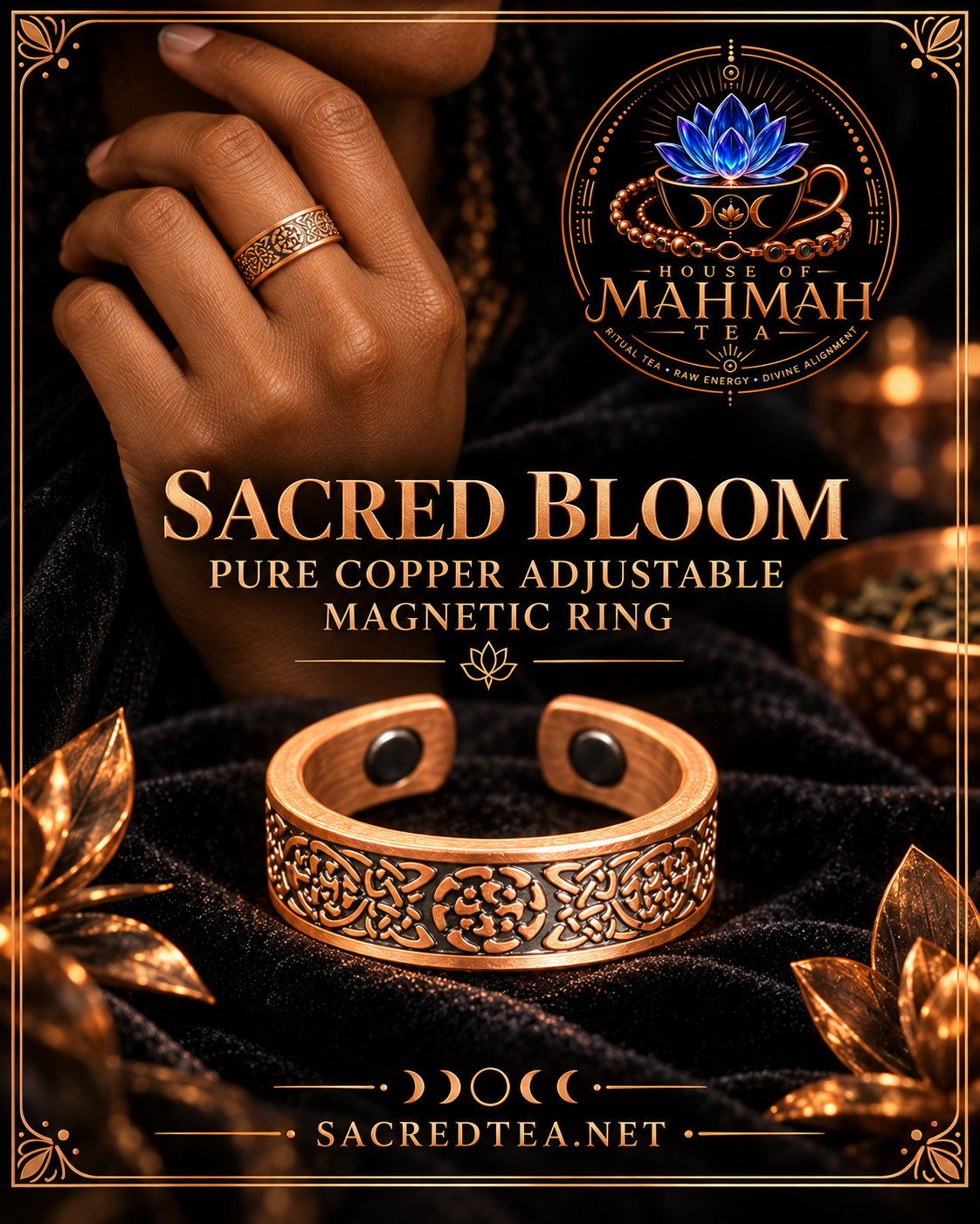 Sacred Bloom Pure Copper Adjustable Magnetic Ring — House of MahMah Tea signature product card