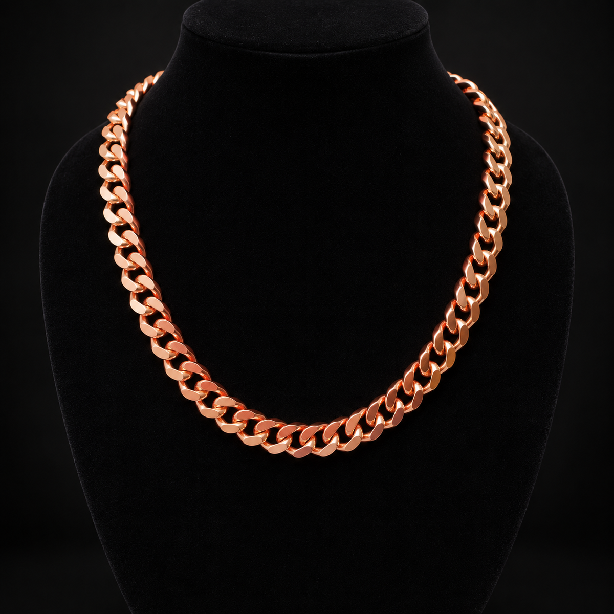 22-inch copper Cuban link necklace professionally photographed on clean black velvet