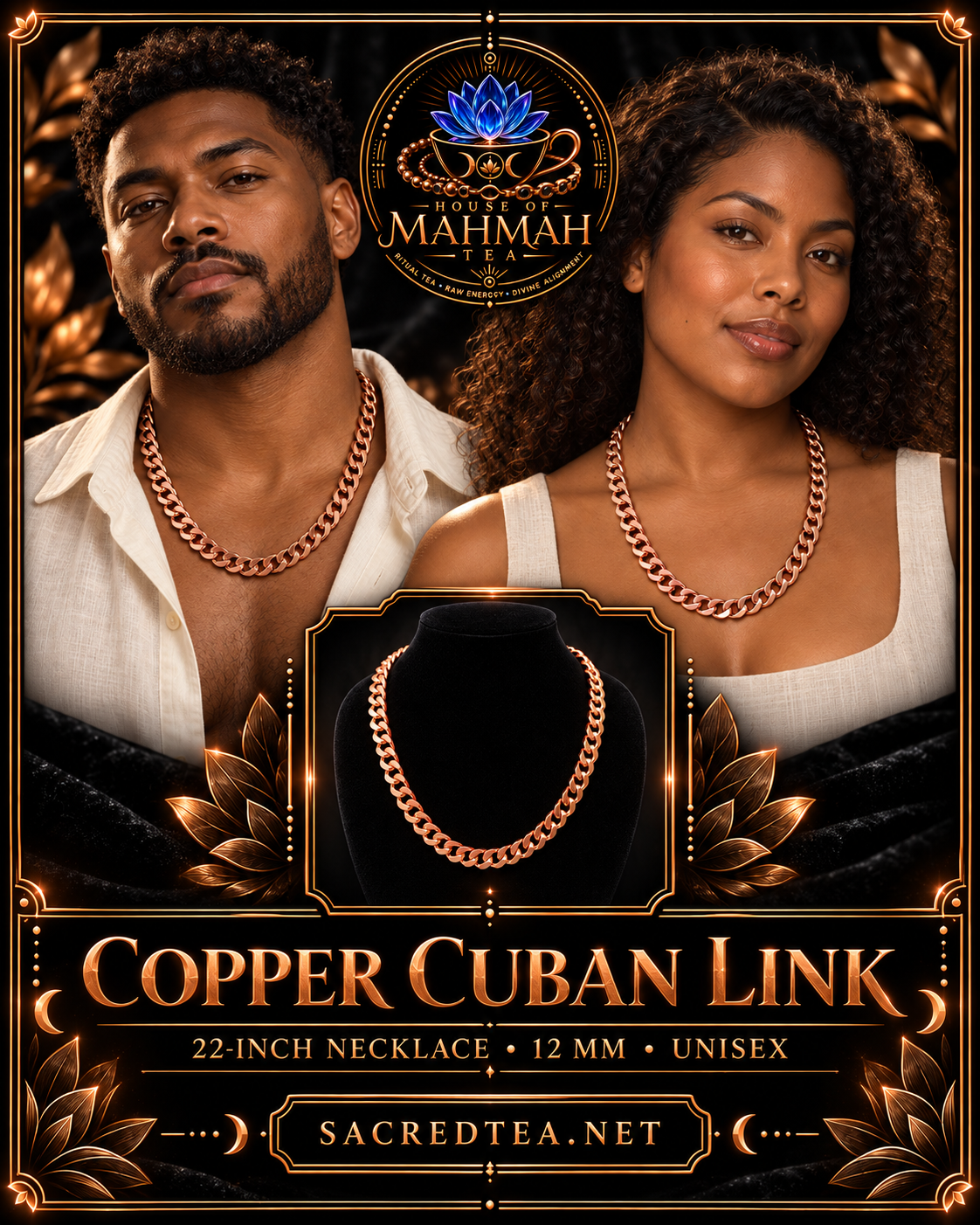 Afro-Indigenous man and woman wearing the 22-inch copper Cuban link necklace; unisex product card