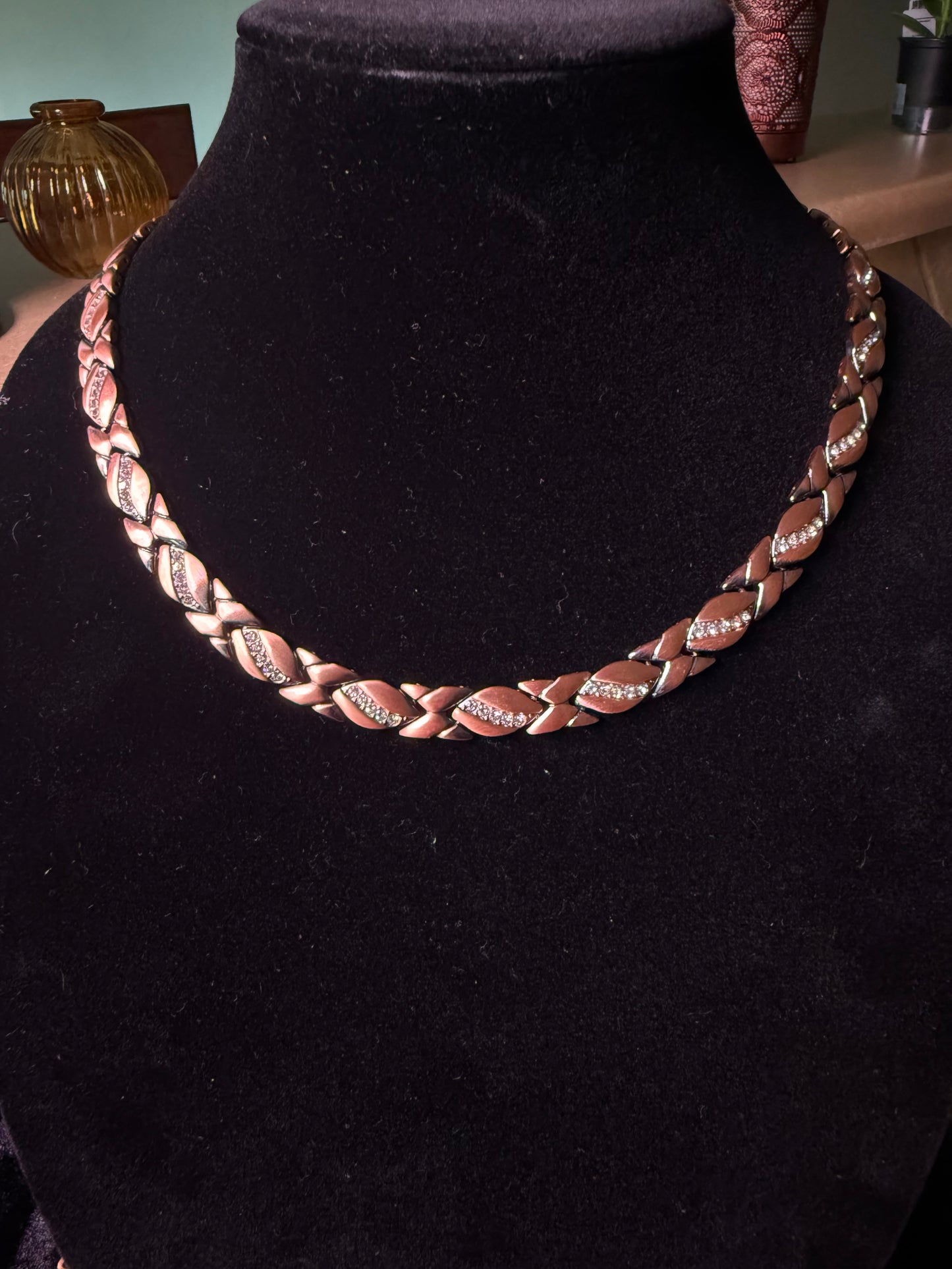 Red Copper Magnetic Necklace with White Zircon Stones — 22 Inch