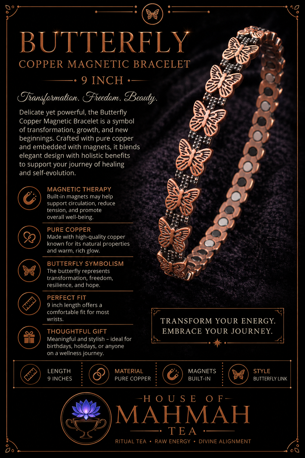 Sacred Butterfly Copper Magnetic Bracelet — 9 Inch