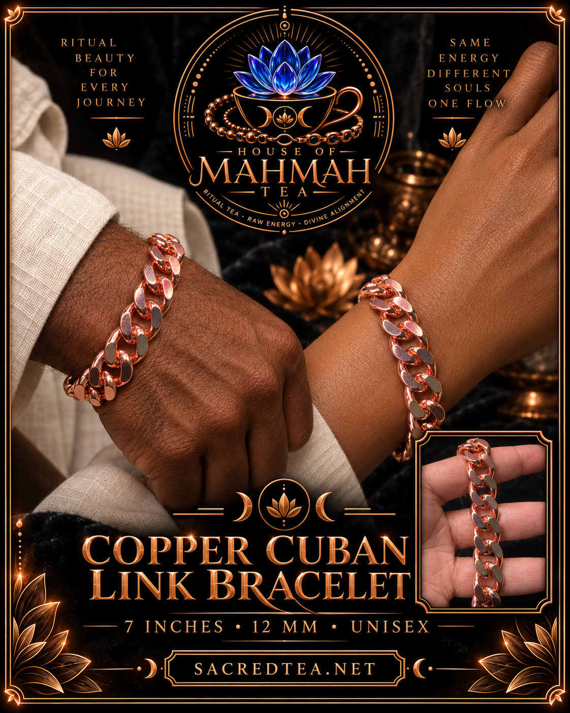 Male and female wrists wearing the 7-inch copper Cuban link bracelet; unisex product card