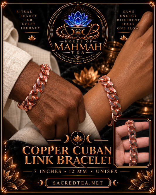 Male and female wrists wearing the 7-inch copper Cuban link bracelet; unisex product card