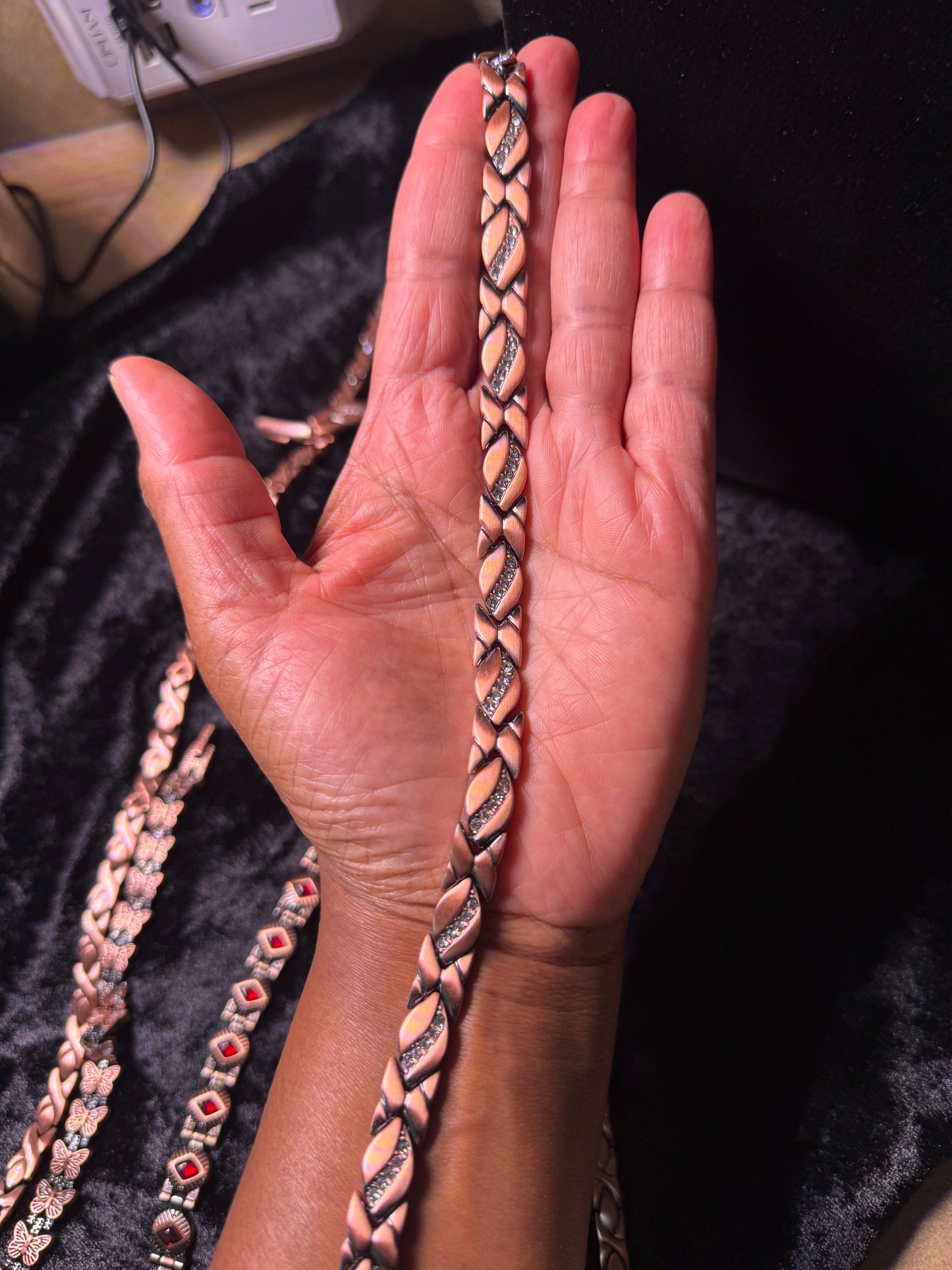 Red Copper Magnetic Necklace with White Zircon Stones — 22 Inch
