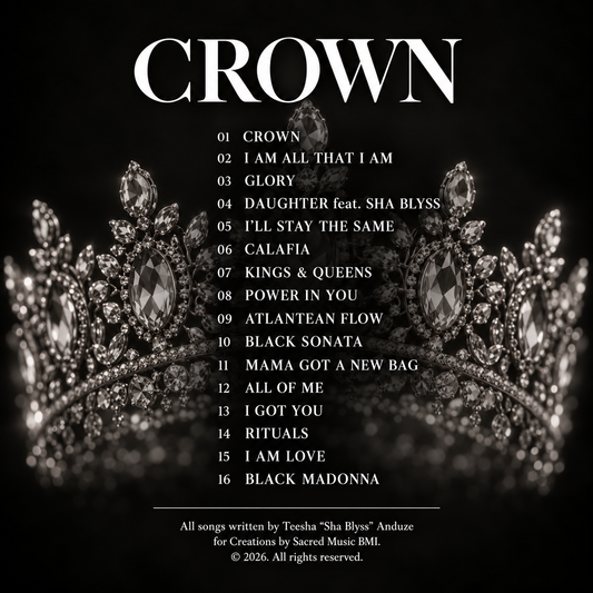 CROWN album back cover with a faded jeweled crown, sixteen-track listing and songwriting credits for Teesha “Sha Blyss” Anduze, © 2026.