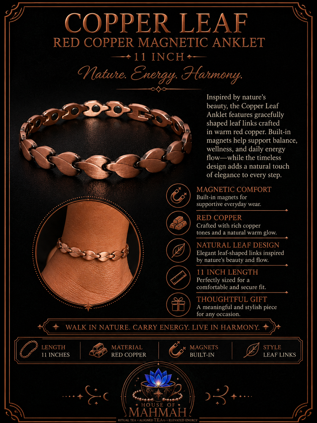 Copper Leaf Red Copper Magnetic Anklet — 11 Inch