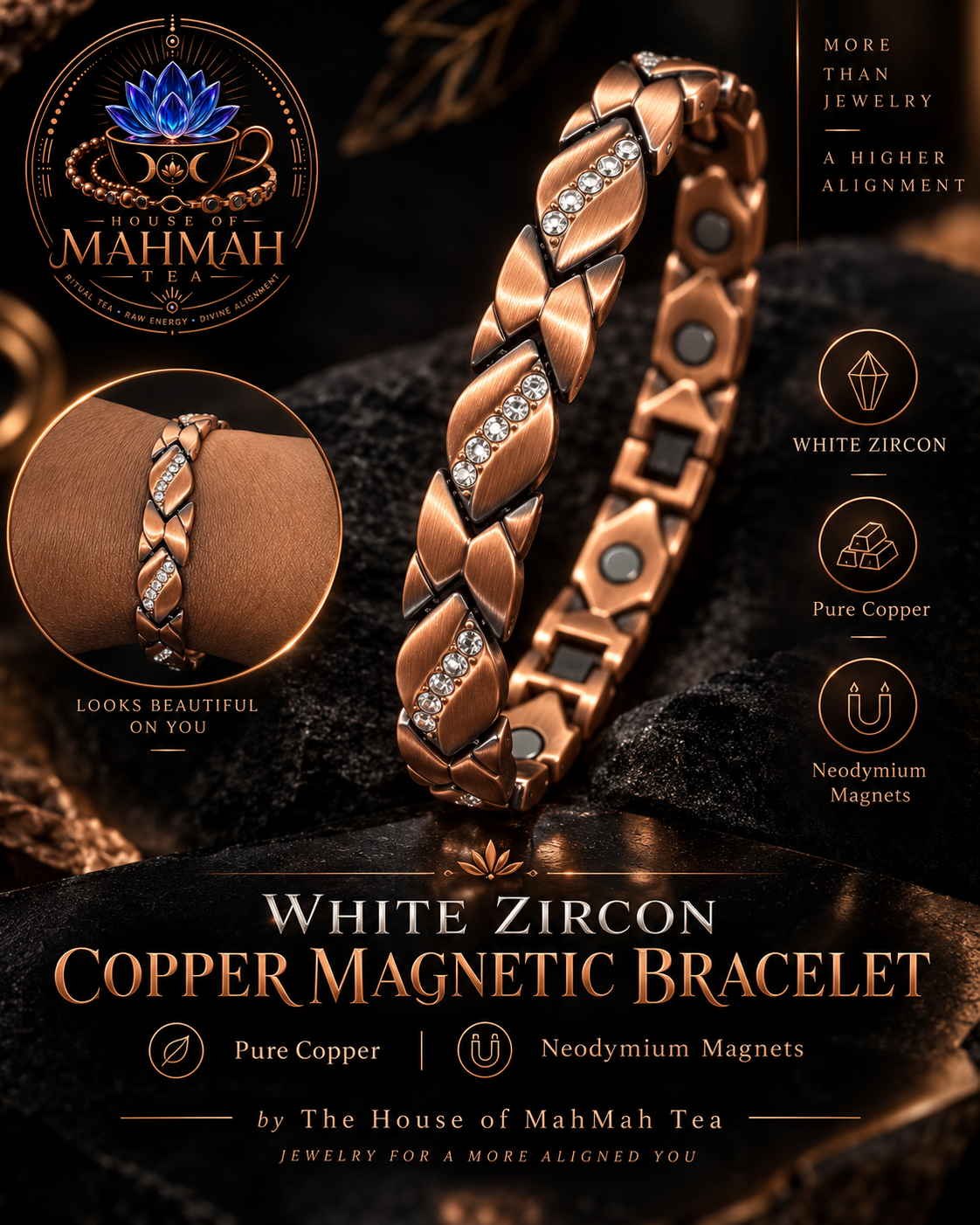 Natural White Zircon Copper Magnetic Bracelet