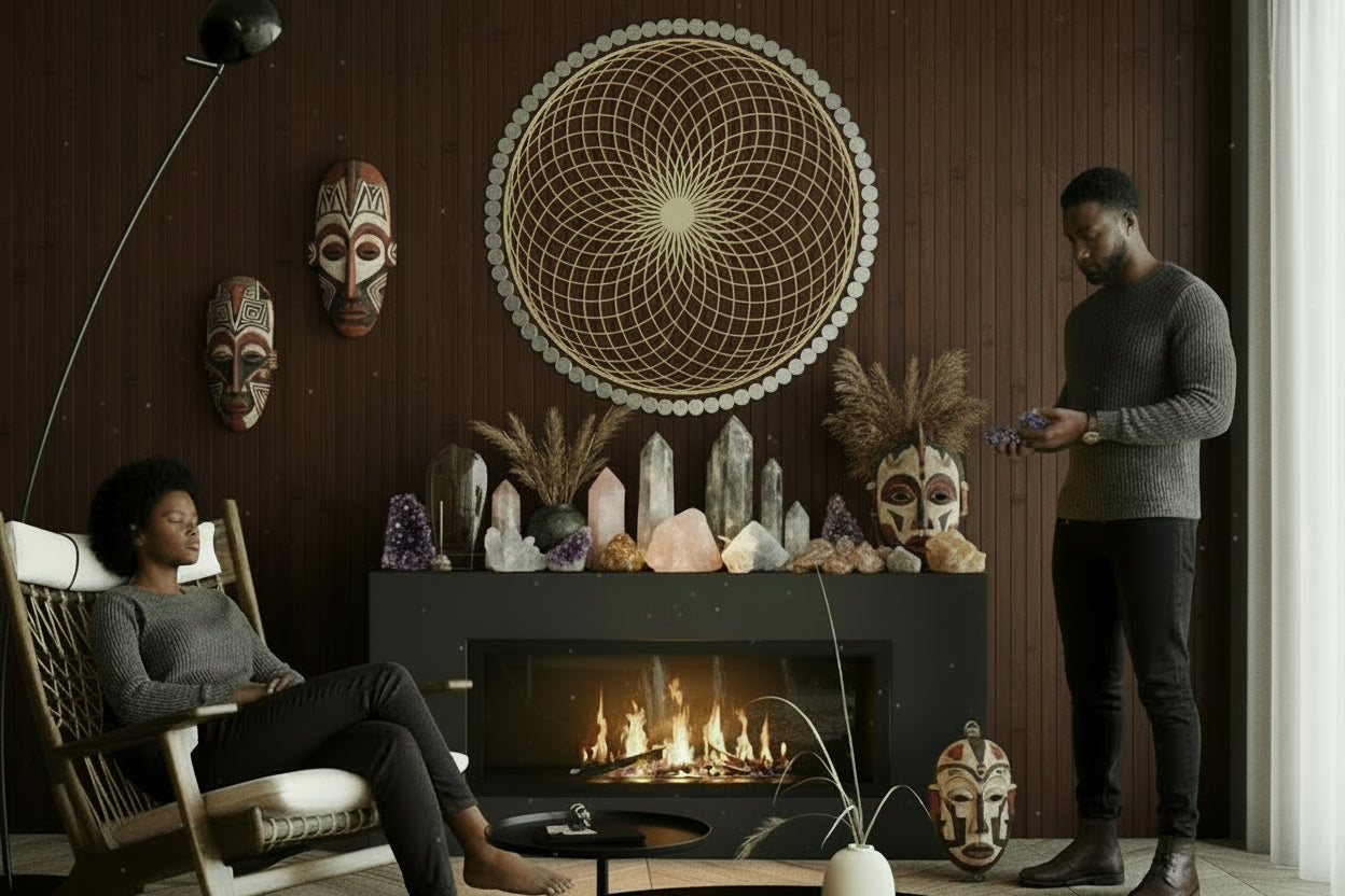 Modern interior with a geometric wall light fixture, wooden chair, and decorative elements.