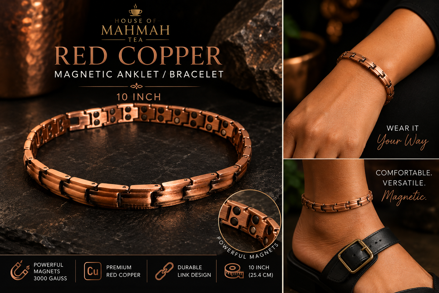Red Copper Magnetic Bracelet & Anklet — 10 Inch