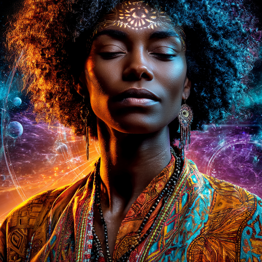 North Node Deep Dive: an Afro-Indigenous woman with eyes closed, the cosmos and a city of light behind her