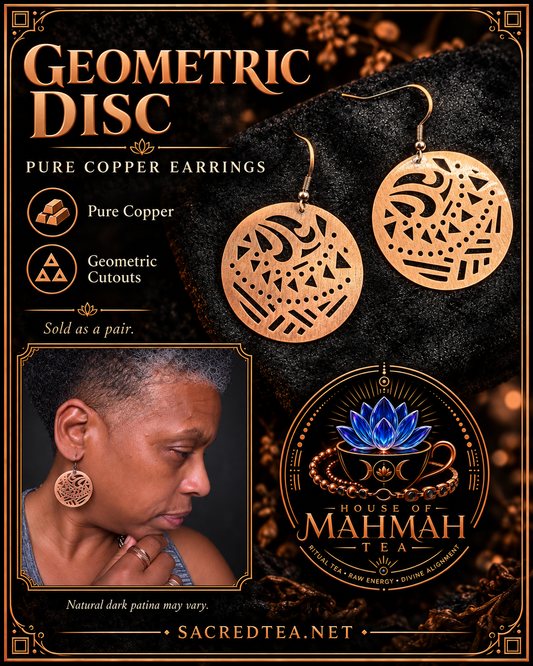 Copper geometric disc earrings with Sha wearing them and House of MahMah Tea logo
