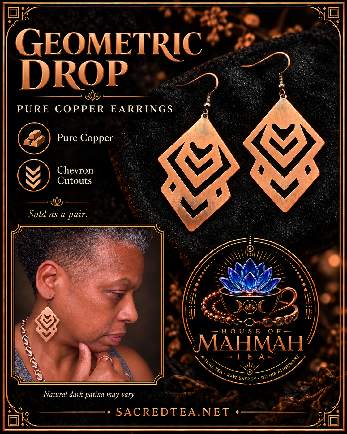 Pure copper geometric drop earrings with Sha wearing them and House of MahMah Tea logo