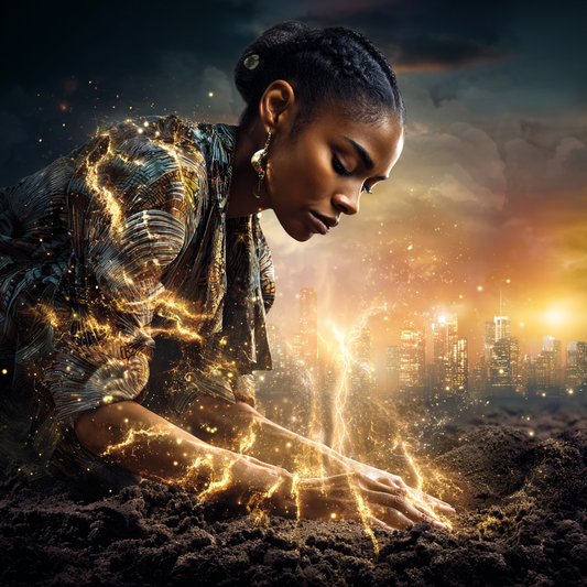 The Gridwalker Report: a woman pressing her hands to the earth as golden grid lines spread through the land