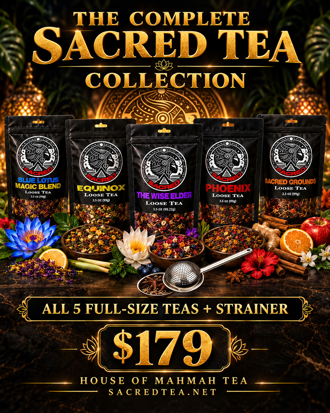 House of MahMah Tea complete five-tea collection with stainless-steel strainer