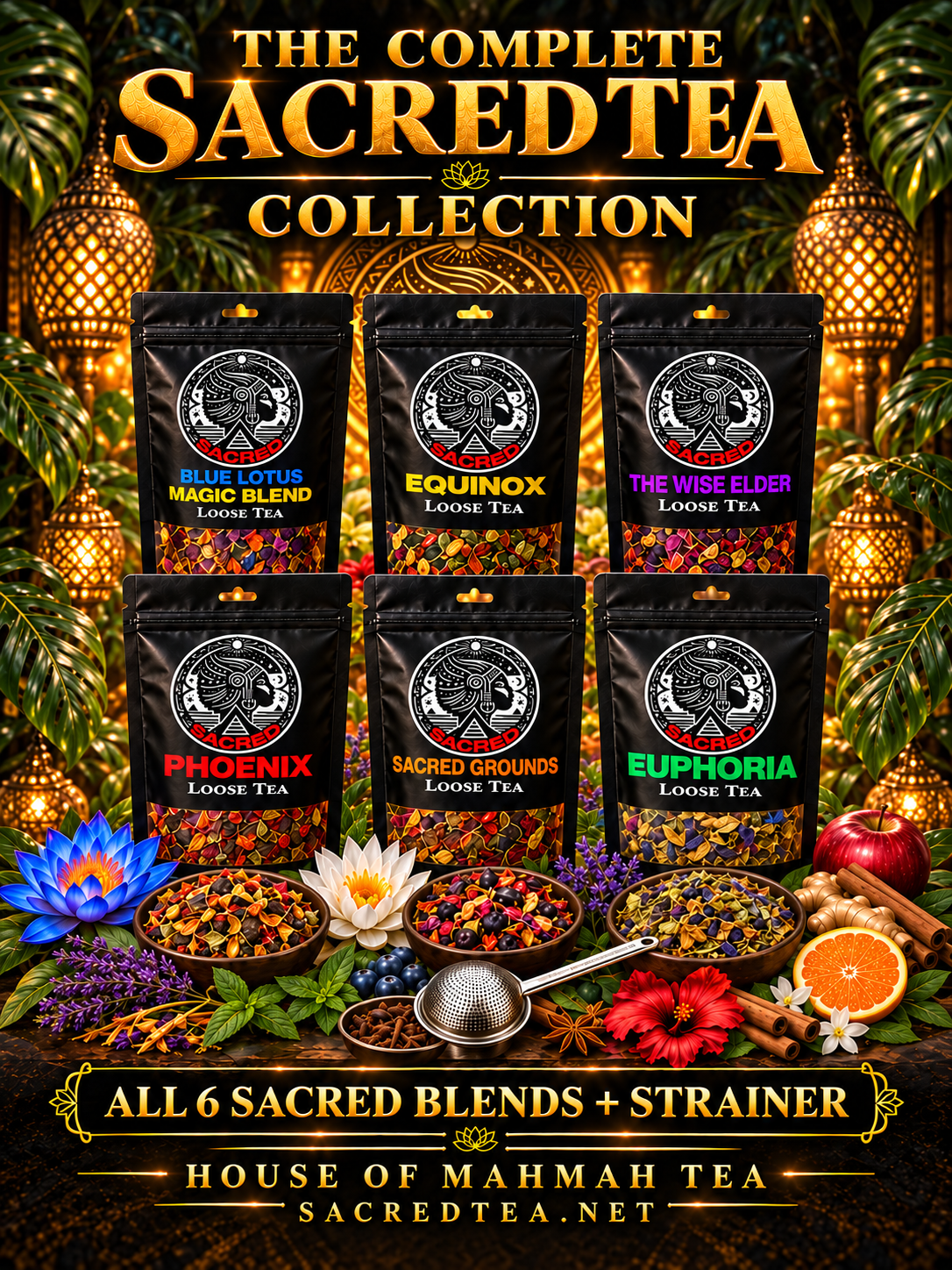 House of MahMah Tea complete six-blend Sacred Tea collection with strainer in 3 by 4 layout