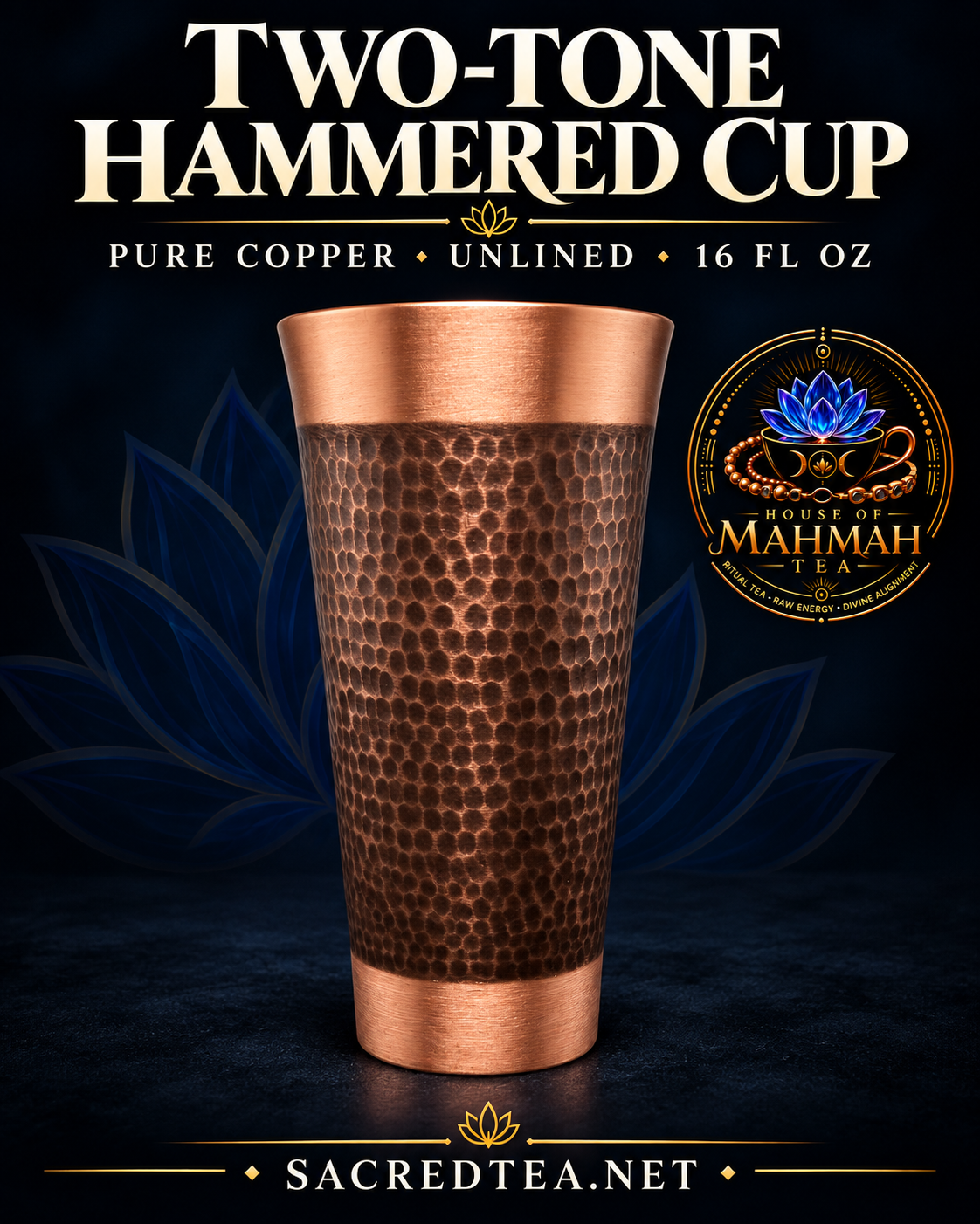 Two tone hammered copper cup on House of MahMah Tea product card