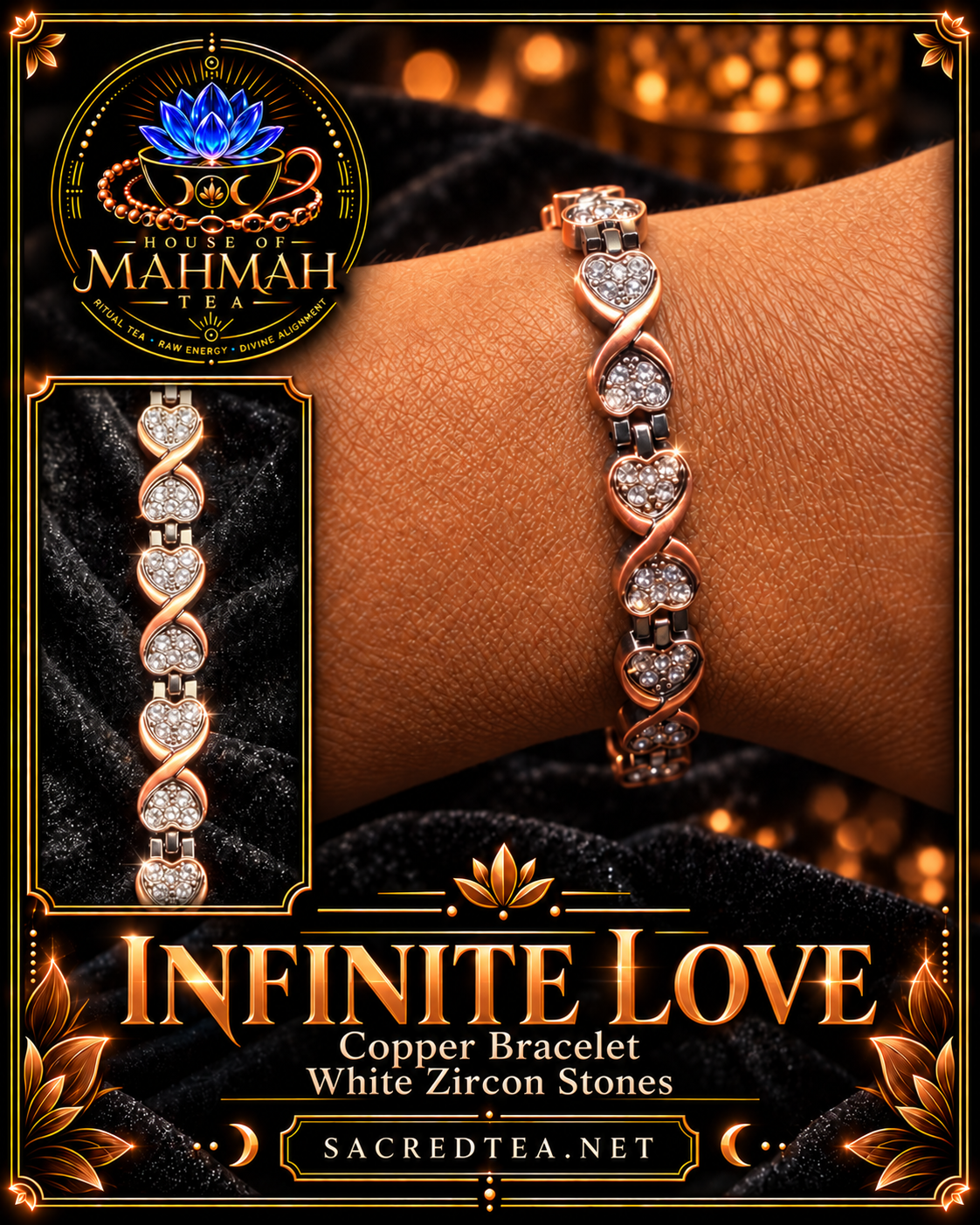 Infinite Love copper bracelet with white zircon stones in paired heart and infinity links.