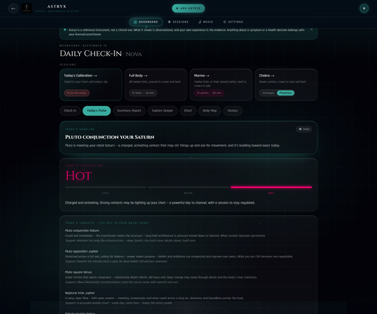 ASTRYX Lite — the daily check-in: today's headline transit, temperature and suggested fork, read live from your chart