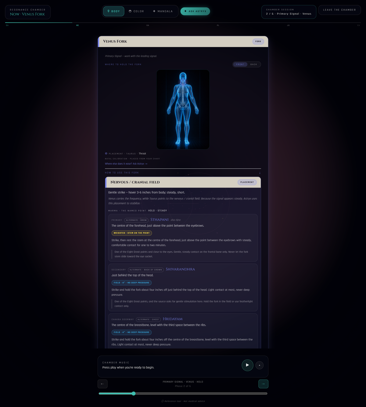 ASTRYX Lite — inside the Resonance Chamber mid-session: the fork, where to hold it on the body map, and how