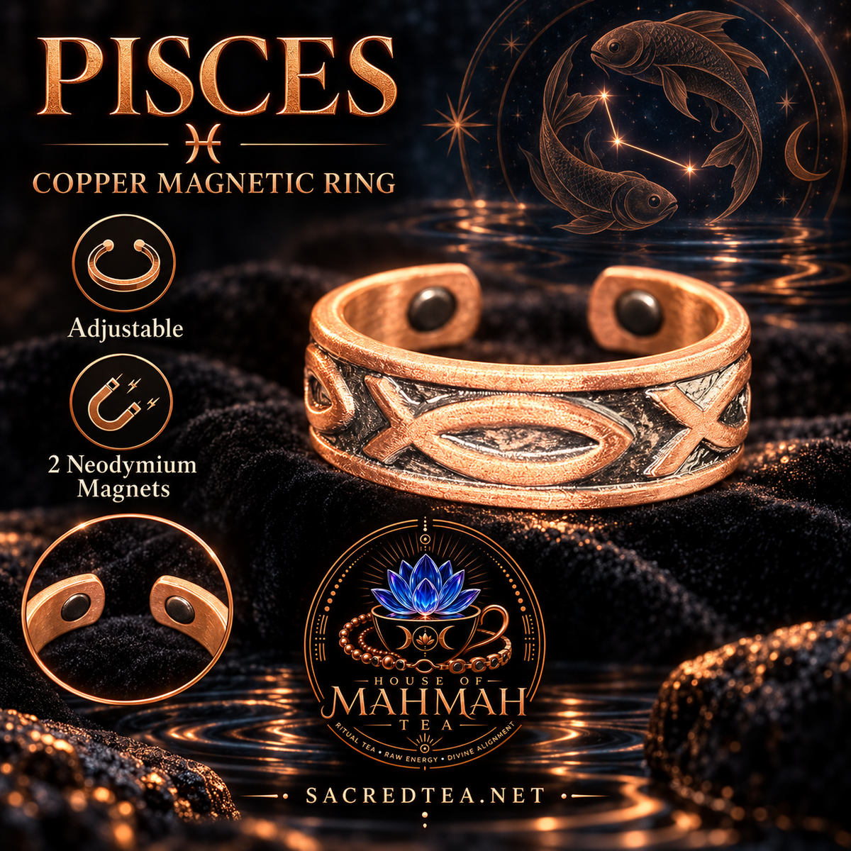 Pisces copper magnetic adjustable ring product card