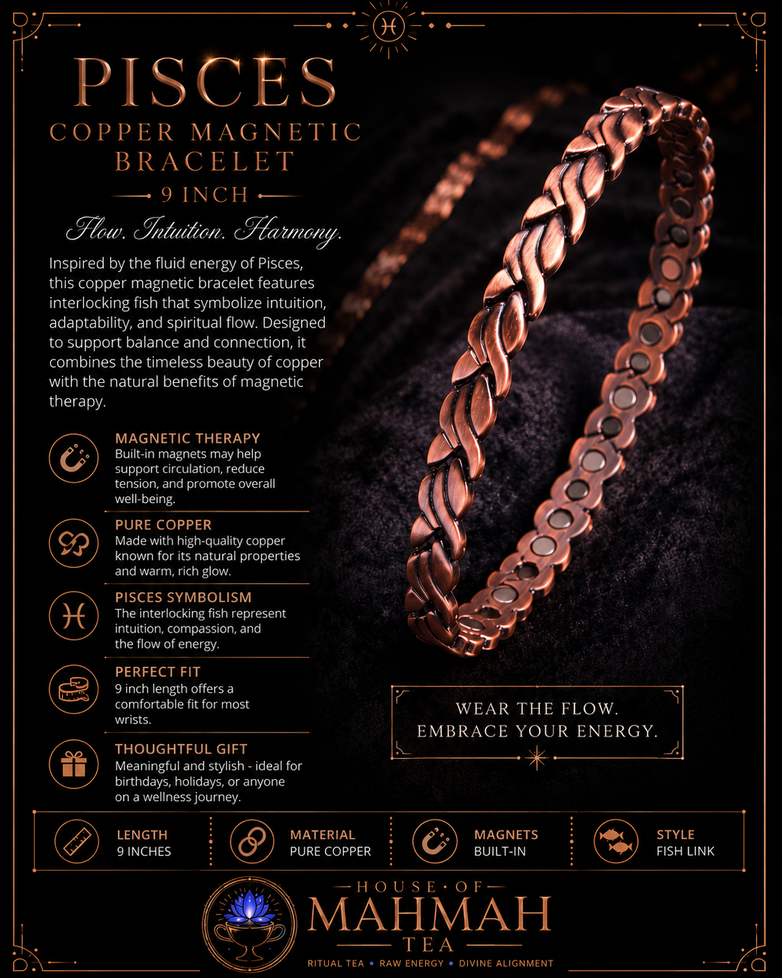 Pisces Copper Magnetic Bracelet — 9 Inch