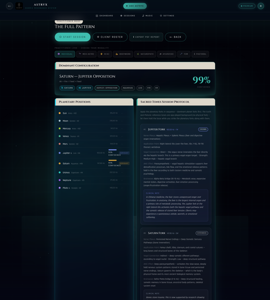 ASTRYX Pro — The Full Pattern: planetary positions with confidence, and the Sacred Tones session protocol with nerve plexus, application point, vagal connection and clinical notes per fork