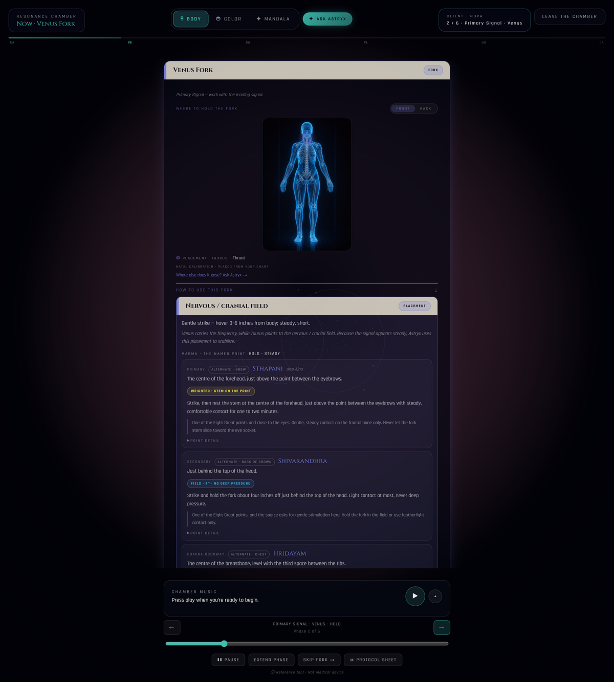 ASTRYX Pro — running a client's calibrated session: fork sequence, pacing controls, skip and extend, and the printable protocol sheet