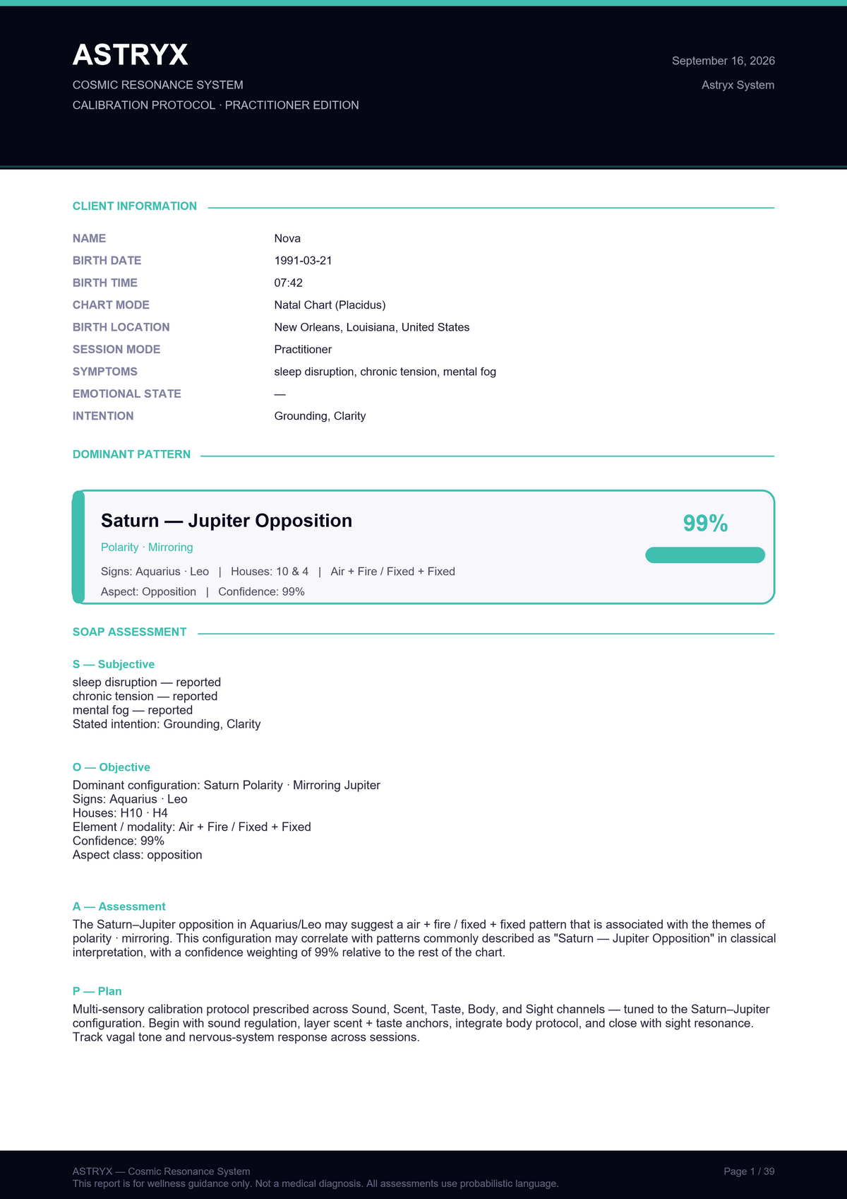 ASTRYX Pro — the exported PDF calibration protocol, practitioner edition, with client information, dominant pattern and SOAP assessment