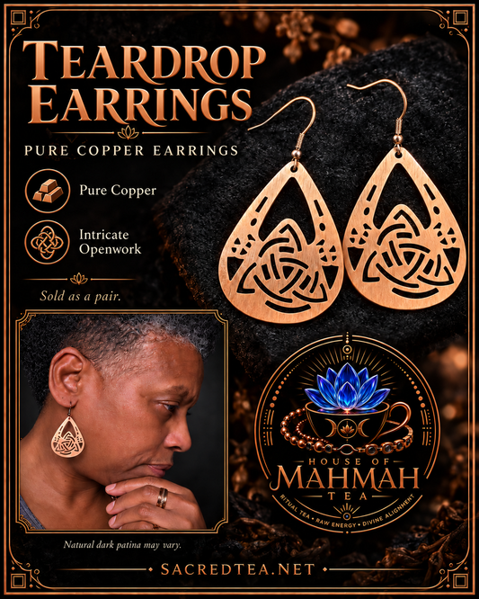 Pure copper teardrop earrings with House of MahMah Tea logo and Sha wearing them
