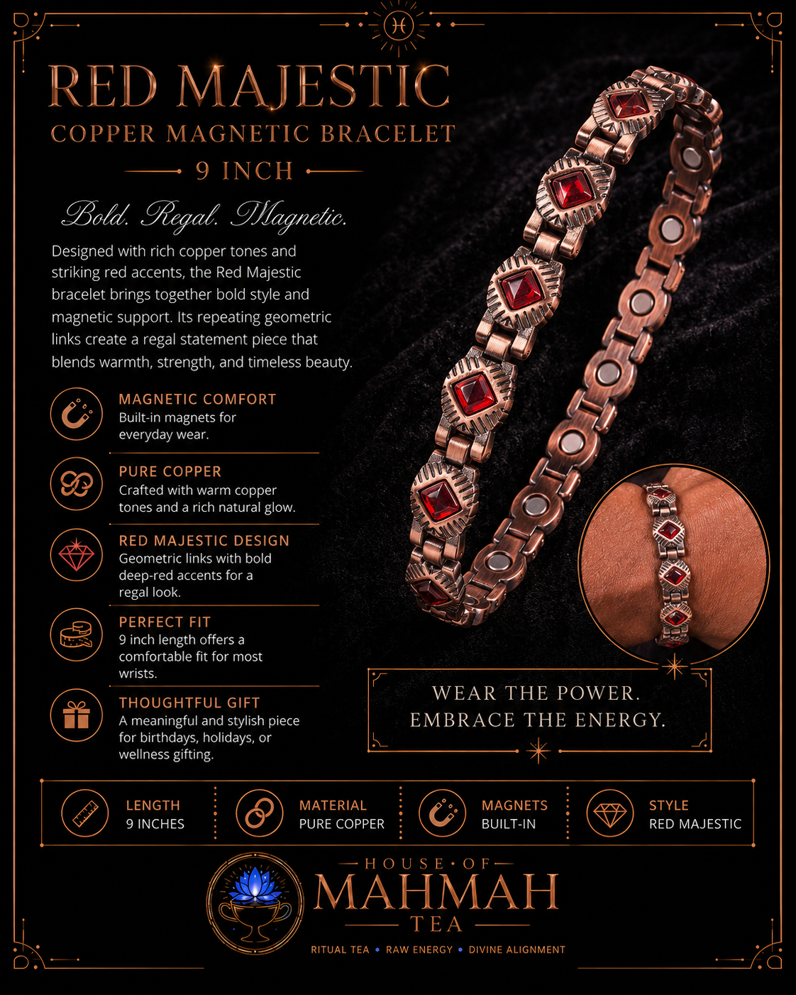 Red Majestic Copper Magnetic Bracelet — 9 Inch
