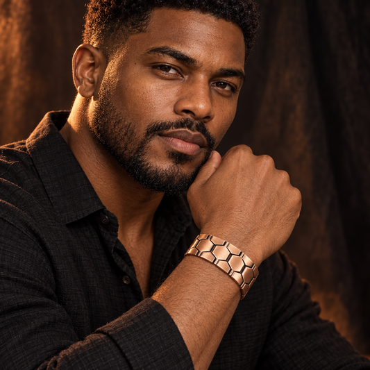 Afro-Indigenous man wearing the Sacred Armor copper magnetic bracelet