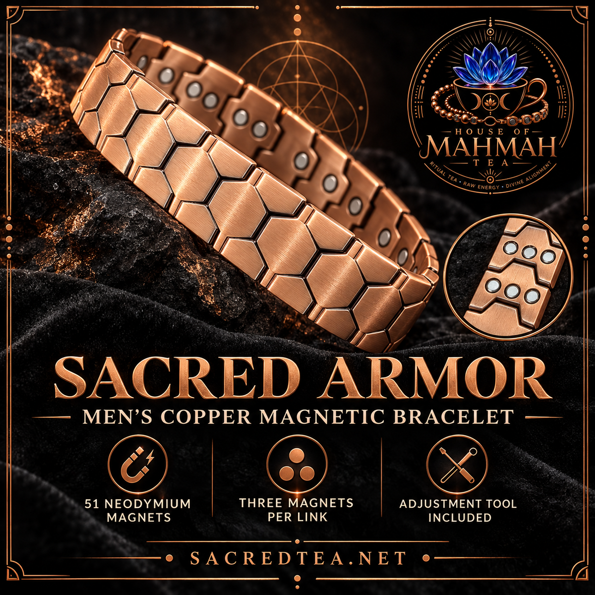 Sacred Armor men's copper magnetic bracelet with 51 neodymium magnets