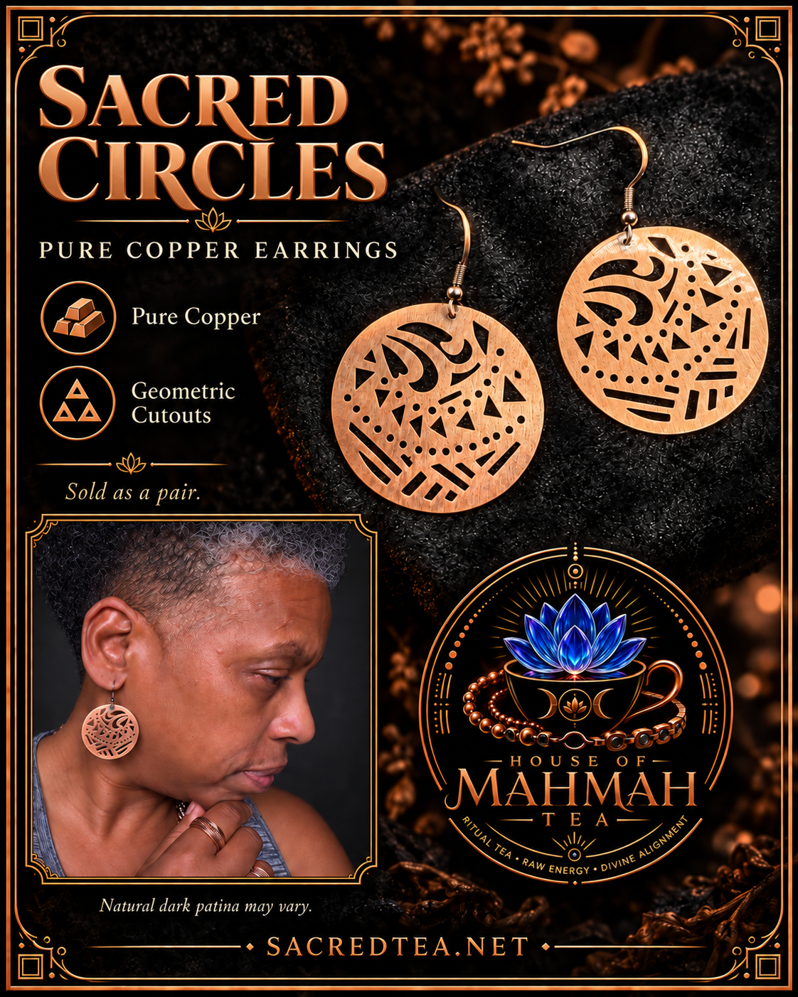 Sacred Circles pure copper earrings with Sha wearing them and House of MahMah Tea logo