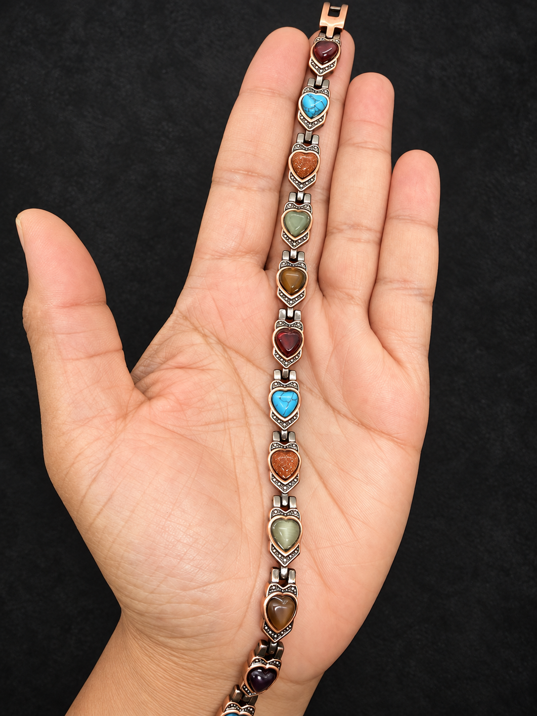 Full front view of Sacred Heart Multi Stone copper magnetic bracelet