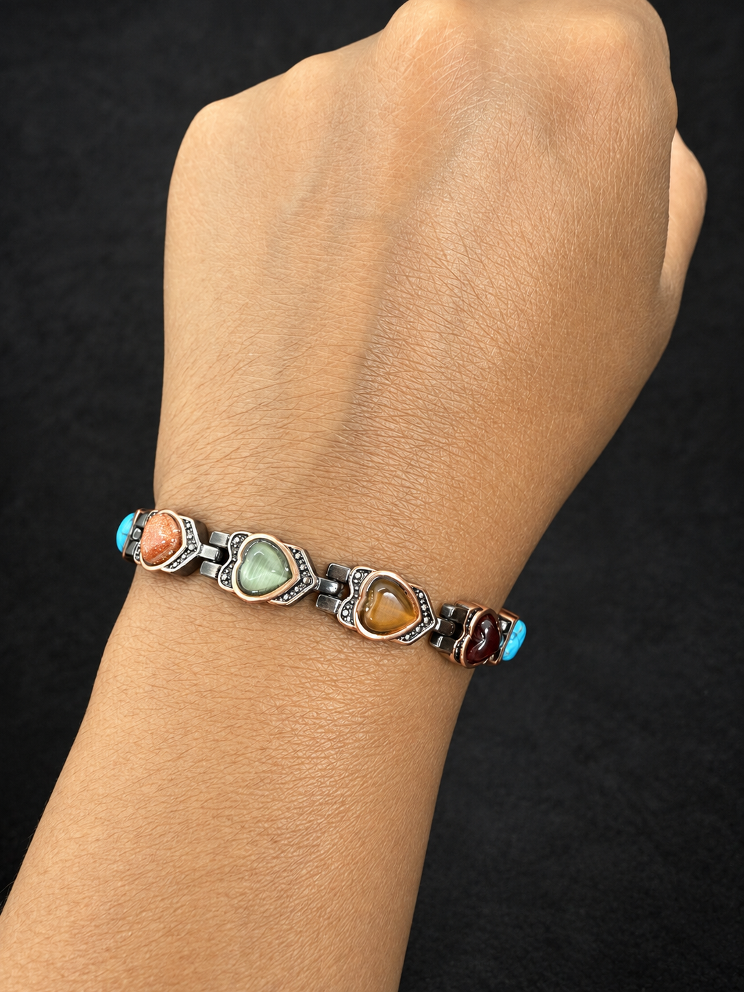 Sacred Heart Multi Stone copper magnetic bracelet worn on wrist