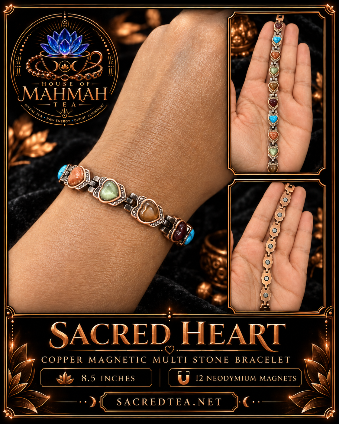 Sacred Heart Multi Stone copper magnetic bracelet, 8.5 inches with 12 neodymium magnets