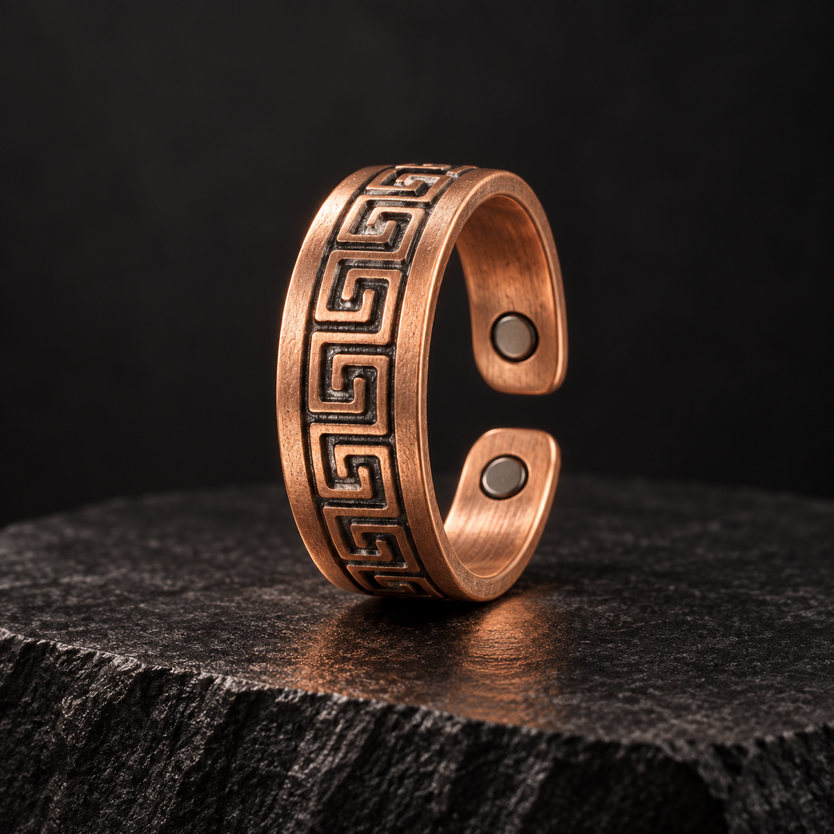 Sacred Labyrinth copper magnetic ring studio photograph