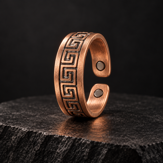 Sacred Labyrinth copper magnetic ring studio photograph