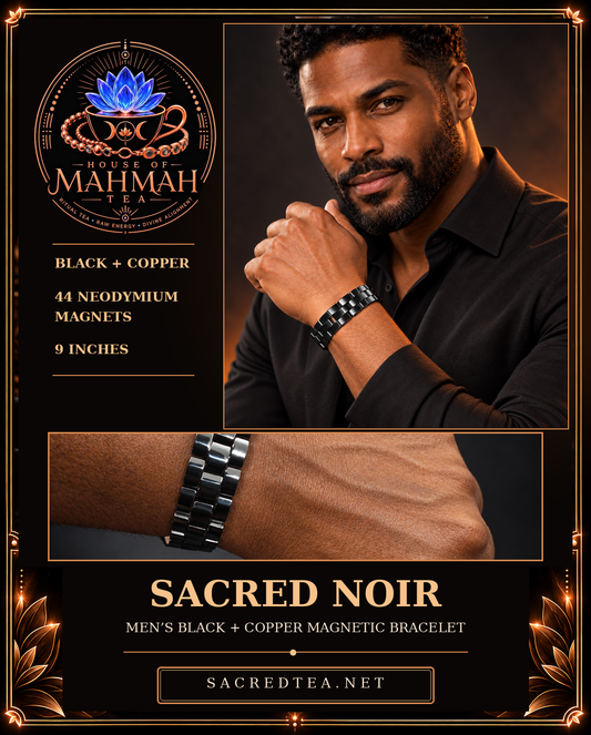 Sacred Noir black and copper magnetic bracelet worn by male model in House of MahMah Tea signature copper frame