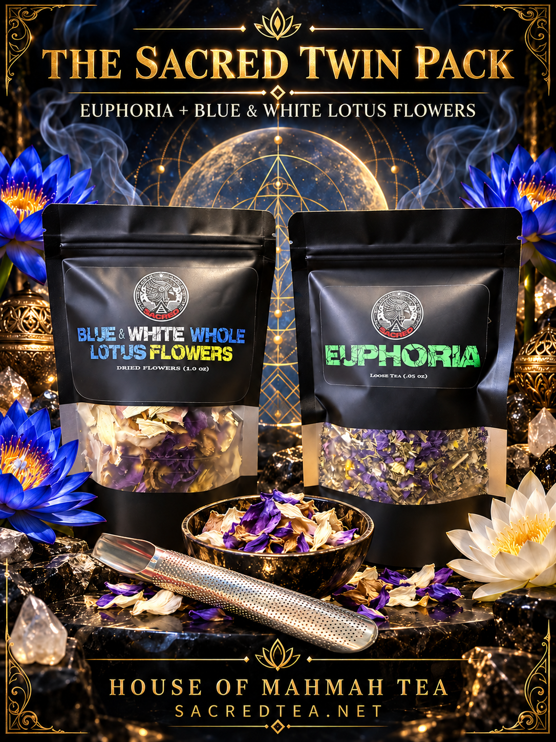 The Sacred Twin Pack with Euphoria, Blue and White Lotus Flowers, and stainless-steel tea infuser wand