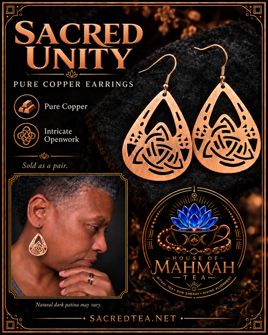 Sacred Unity pure copper earrings with House of MahMah Tea logo and Sha wearing them
